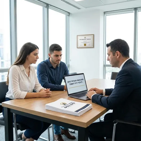 יועץ משכנתאות מסייע לזוג צעיר בבחירת דירה ראשונה